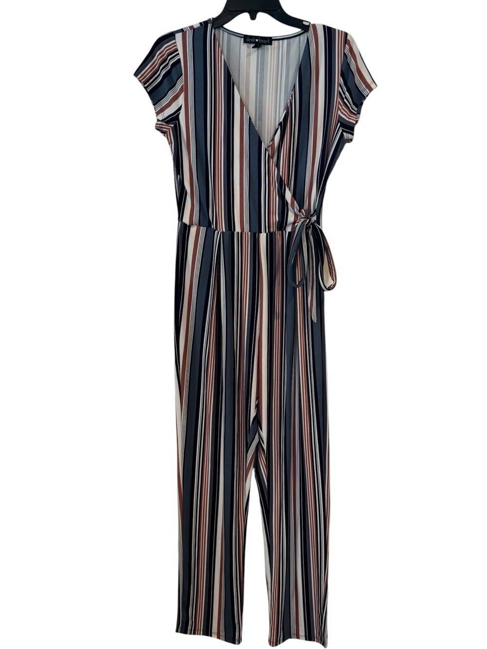 Derek Heart Blue Brown Cream Striped  faux Wrap Jumpsuit med